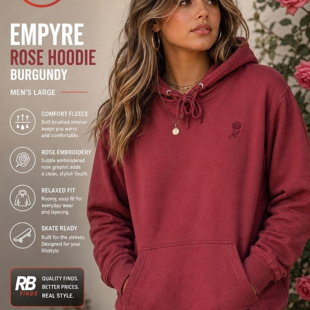 Empyre Burgundy Hoodie Large Rose Embroidered Pullover Skate Streetwear